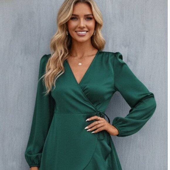 Green Satin Wrap Tie Lantern Sleeve Dress - Picture 3 of 6